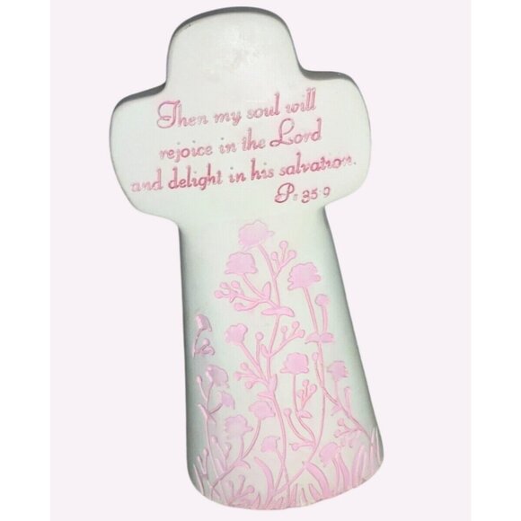 Religious Cross w/ Floral Pink Design and Inspirational Text Rejoice In The Lord - Picture 4 of 8